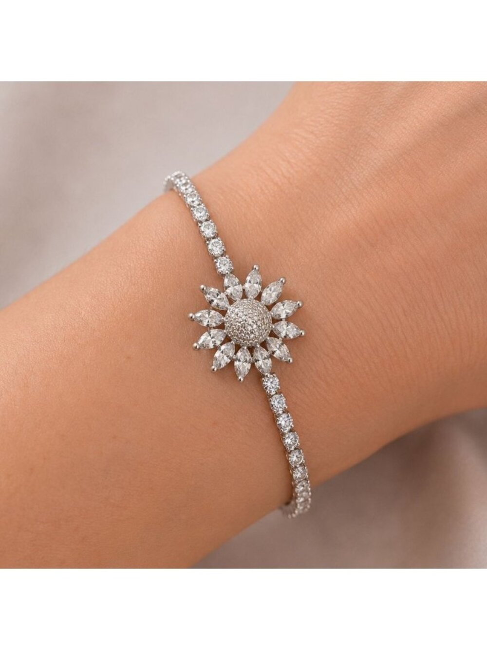 Swarovski Crystal Sunflower Bracelet Adjustable Tennis Sterling Overlay Slider